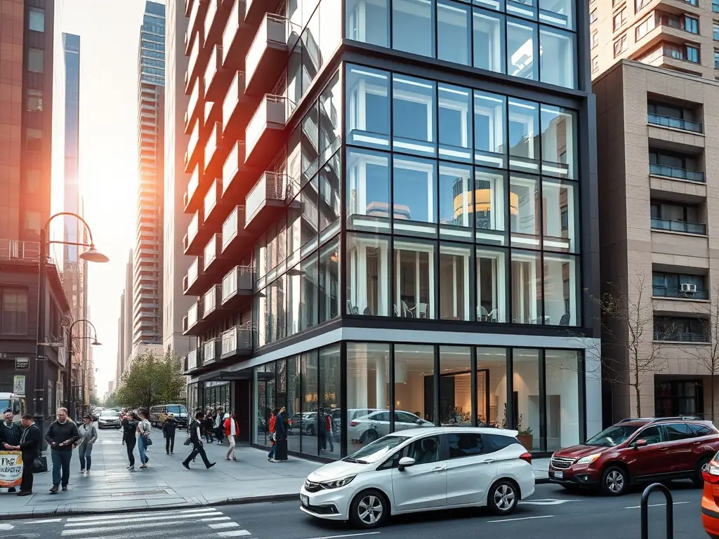 A modern apartment building in a bustling city center, showcasing urban living.