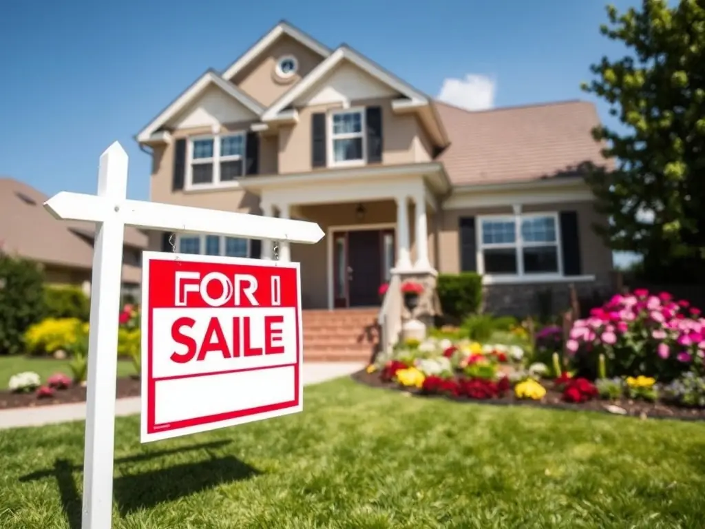A well-maintained house with a 'For Sale' sign in the front yard, representing property sales.