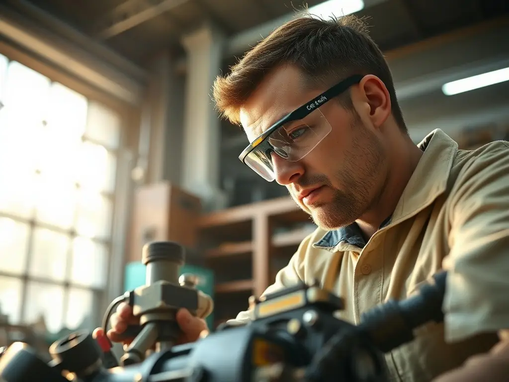 A skilled technician repairing a power tool in a well-equipped workshop. The image should highlight the expertise and precision involved in the repair process.