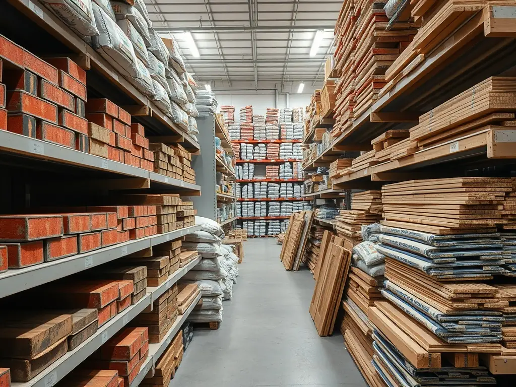 A well-organized aisle in a hardware store, featuring shelves stocked with various construction materials such as lumber, cement bags, and bricks. The image should convey a sense of quality and variety.